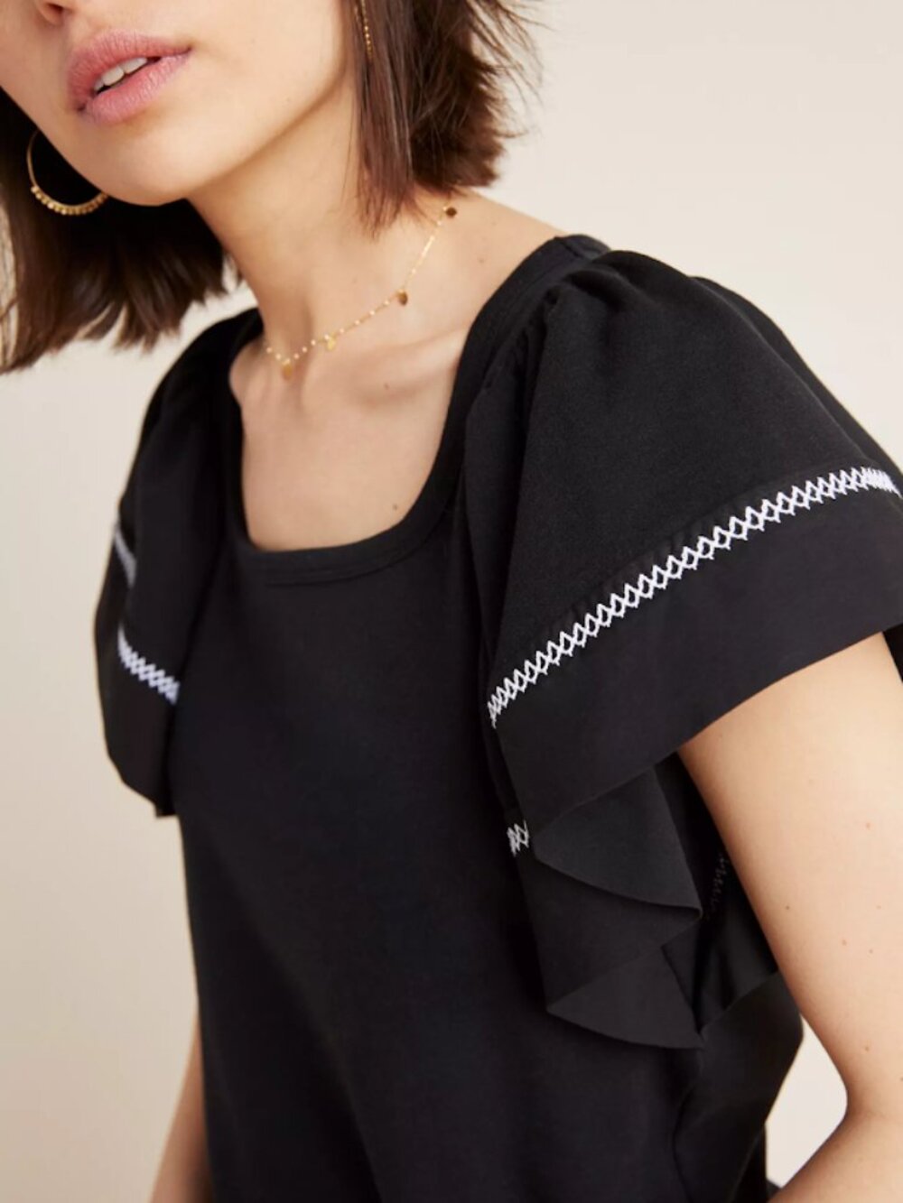 Anthropologie Maeve Sherman Top Small S Black Contrast Stitch Flutter Sleeve Tee